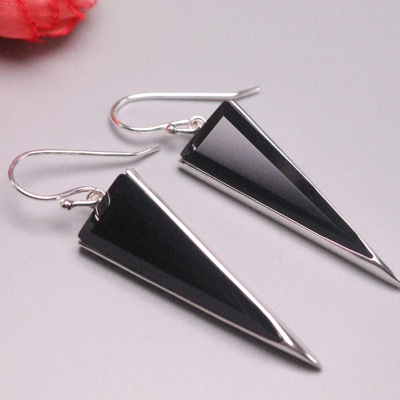 

New Arrival S925 Sterling Silver Earrings Women Luck Black Agate Triangle Dangle Earrings 50x12mm