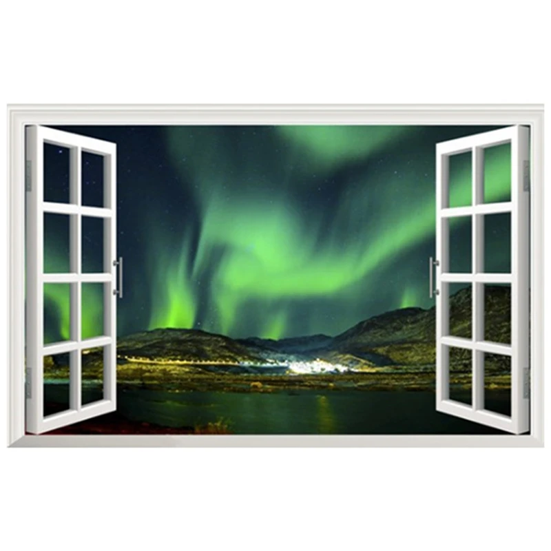Sea view fake window mural green Mountains clear Water 3d vinyl wall stickers home decoration scenery poster wallpaper 90*60cm | Дом и сад