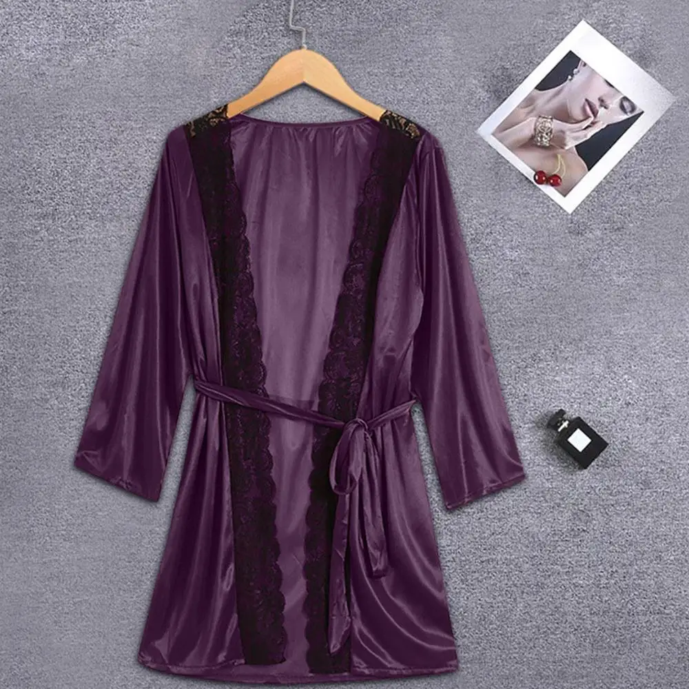 Женская кружевная ночная сорочка Однотонная с поясом 2019|Халаты| |