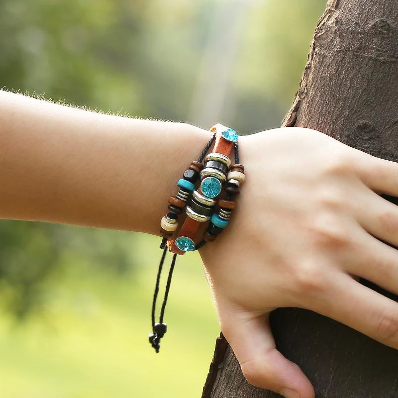 

2021 New Korean Trendy Beaded Leather Bracelet Diamond Wristband Color Crystal Women Jewelry Rope Couple Bracelet For Men's Gift