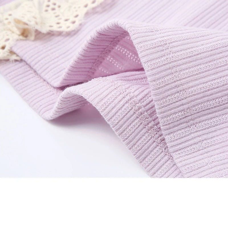 

Square Collar Short Sleeve Crop Tops Women 2021 Summer New Korean Sweet Style Patchwork Lace Slim Lady Purple Knitted Pullovers
