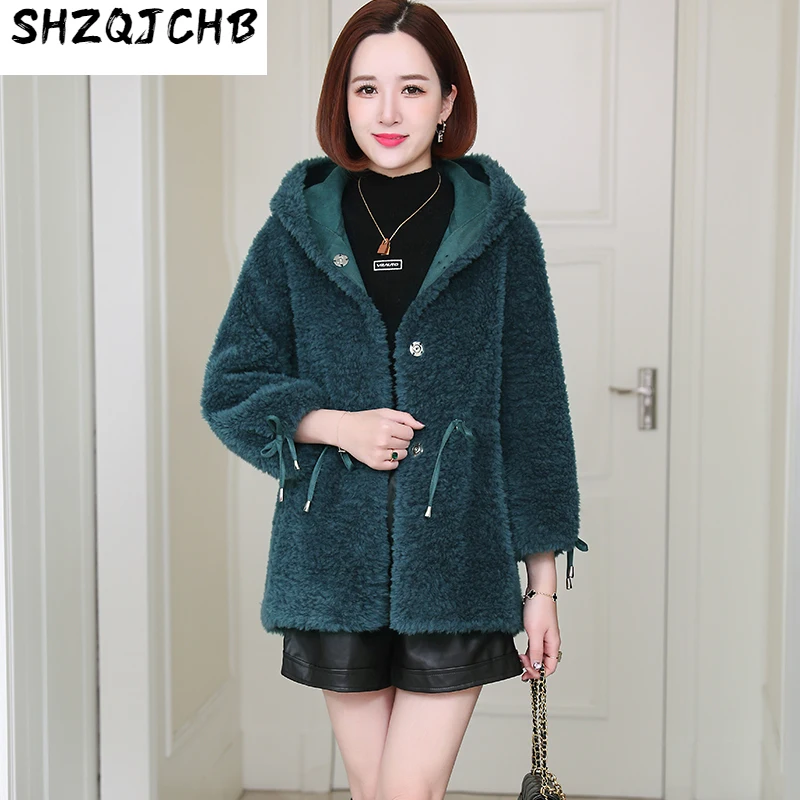 

SHZQ стринди из овечьей шерсти женское средней и длинной кашемировое меховое цельное шерстяное пальто с капюшоном Корейская версия