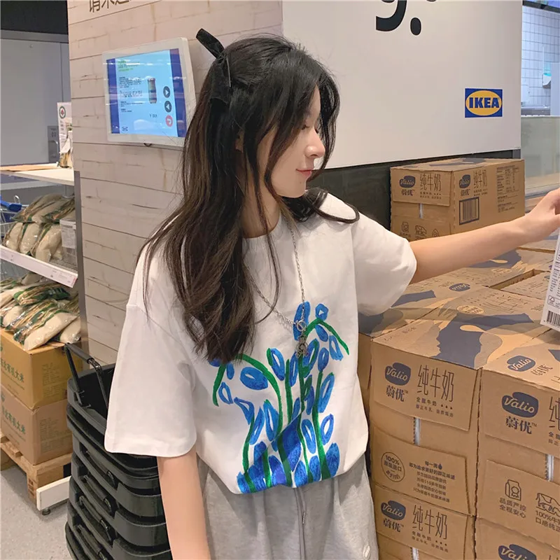 

HziriP Hot All-Match Korean Gentle O-Neck Chic Fashion Summer 2021 Ladies Design Sense Oil Printed Loose Short-Sleeved T-Shirt