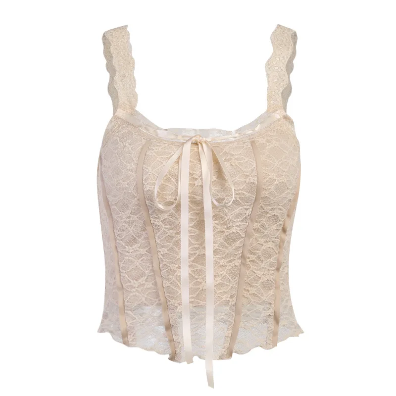 

Sexy Retro Bow Lace Corset Top Fairy Core Aesthetic Backless Square Neck Crop Top Women Summer Tank Tops