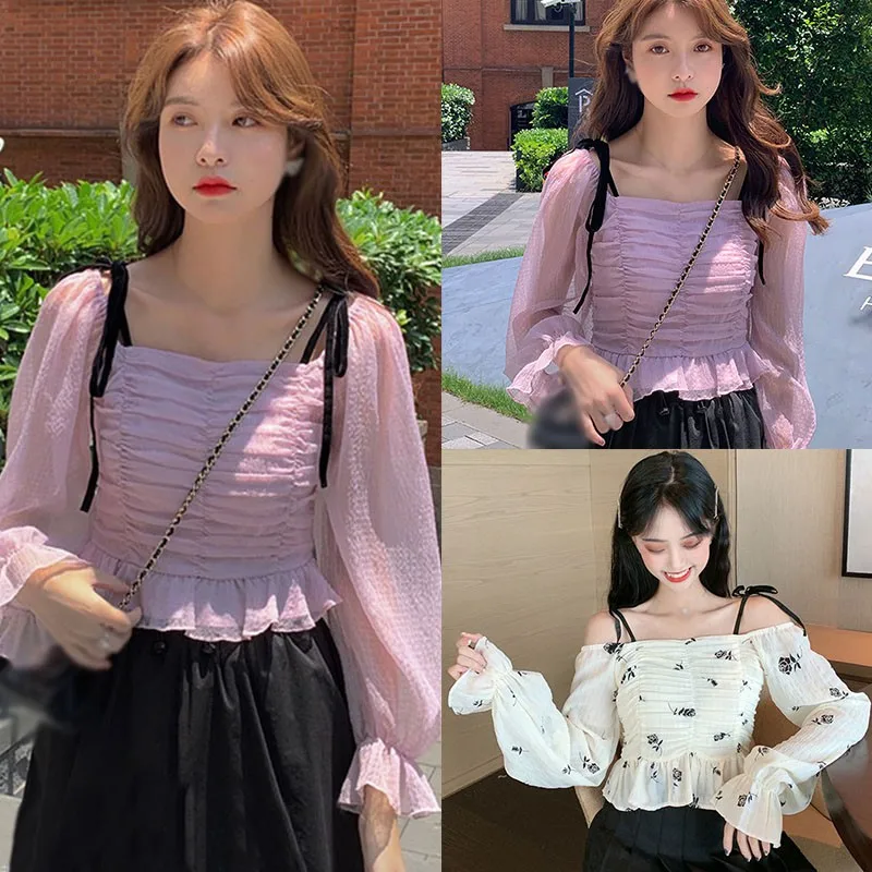 

Fashion Women Blouse Korean Floral Print Slash Neck Sexy Sweet Chiffon Shirt Mesh Stitching Long Sleeve Casual Shirt Tops