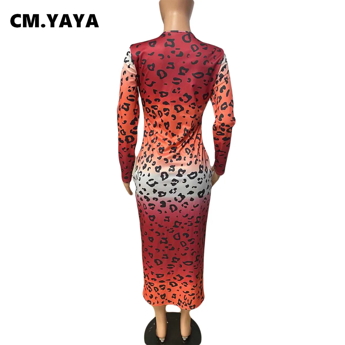 CM.YAYA Women Autumn Sexy Bodycon Leopard Gradient Print Midi Dress Club Party Long Sleeve Pencil Bandage Maxi Dresses | Женская одежда