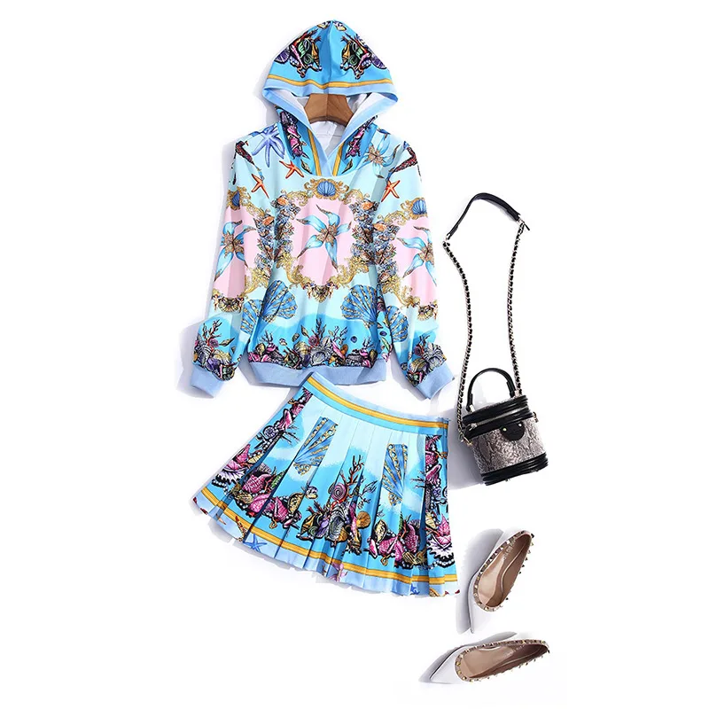 

The spring of 2021 the new women's leisure loose nut printed fleece + pressure plait skirt fashion women suits