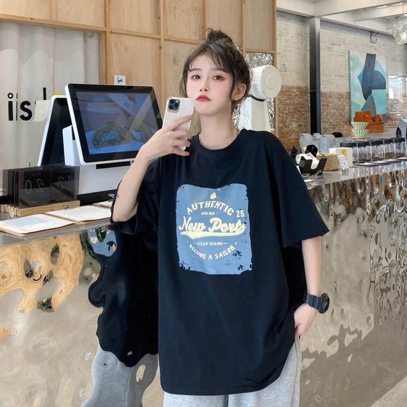 

2021 Summer Women Short-sleeved T-shirt Round Collar Letter Print Vintage New Fashion All-match Loose Casual Female Simple Tops