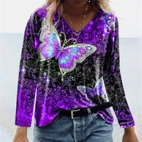 2021 fashion womens new summer v neck long sleeve shirt butterfly 3d print t shirt top casual loose street clothing