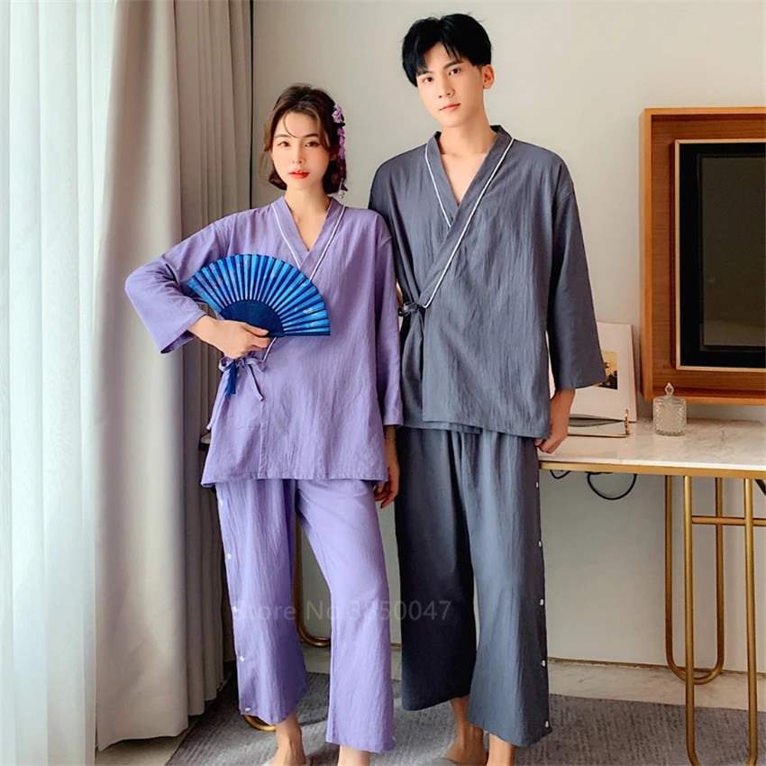 Dormir para Adultos Yukata Roupas Japonesas Estilo Kimono Pijama Roupão Caseiro Algodão Conjunto Moda Vestuário Casal Verão