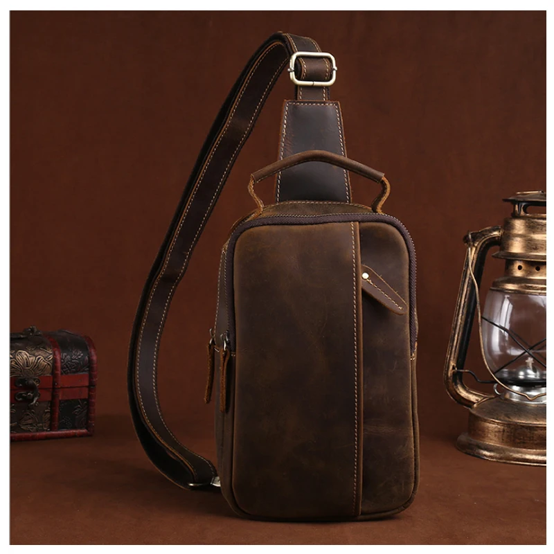 

New Genuine Leather Chest Bag Men's Cross Body Bags Crazy Horse Cowhide Retro Fashion Shoulder Bag Coffee Trend Bags Celular Bag