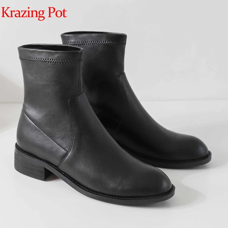 Krazing pot/простые женские ботильоны из натуральной кожи с круглым носком на среднем каблуке теплые ботинки «Челси» на шнуровке без застежки, L23