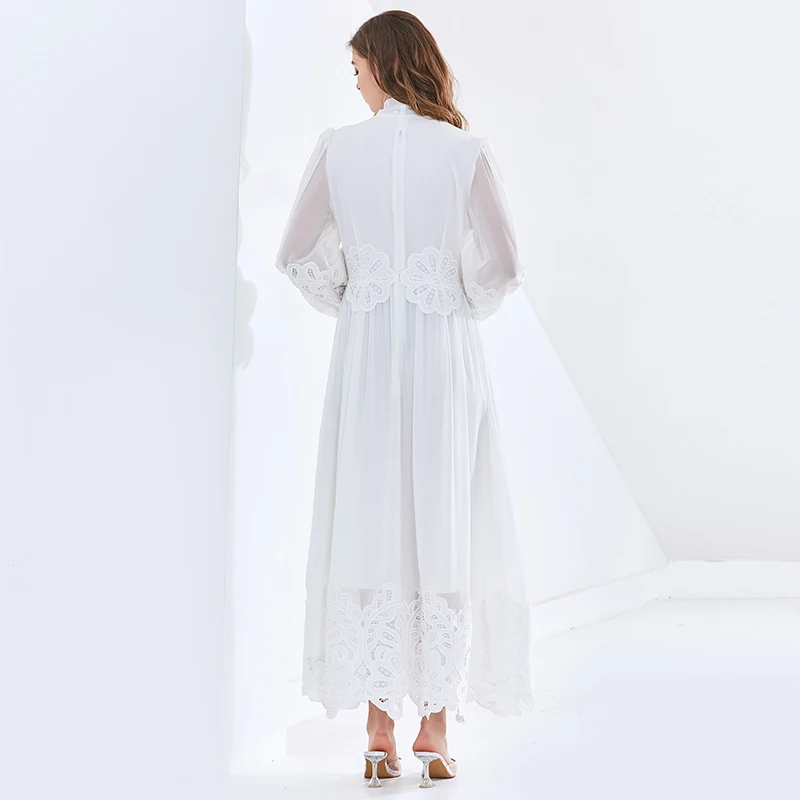 

TWOTWINSTYLE White Patchwork Embroidery Dress For Women Stand Collar Long Sleeve High Waist Lace Up Elegant Dresses Female 2021