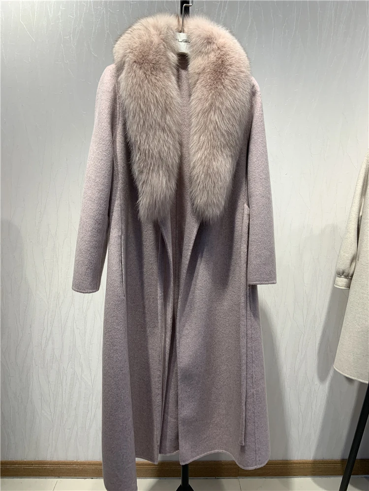 OFTBUY новое пальто с натуральным мехом, зимняя куртка для женщин, Воротник из натурального Лисьего меха, шерсть, тонкая Длинная Верхняя одежда с поясом, женская уличная одежда