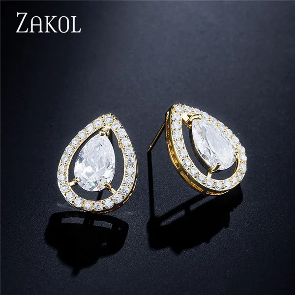 Gold Color 39 Серьги-гвоздики с каплевидными кристаллами циркония ZAKOL, серьги для женщин, модные свадебные украшения, букле d'oreille FSEP2216 - Окраска металла: Gold Color 39