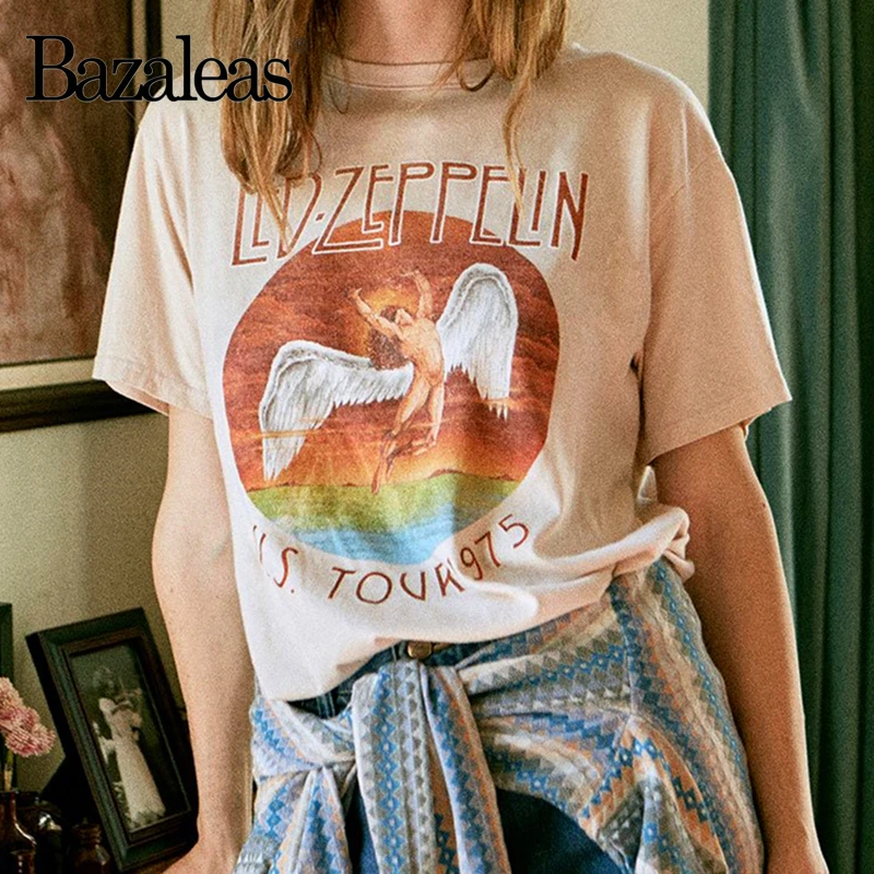 Bazaleas harajuku Кремовая футболка винтажная US Tour 1975 Футболка с принтом модная ropa mujer