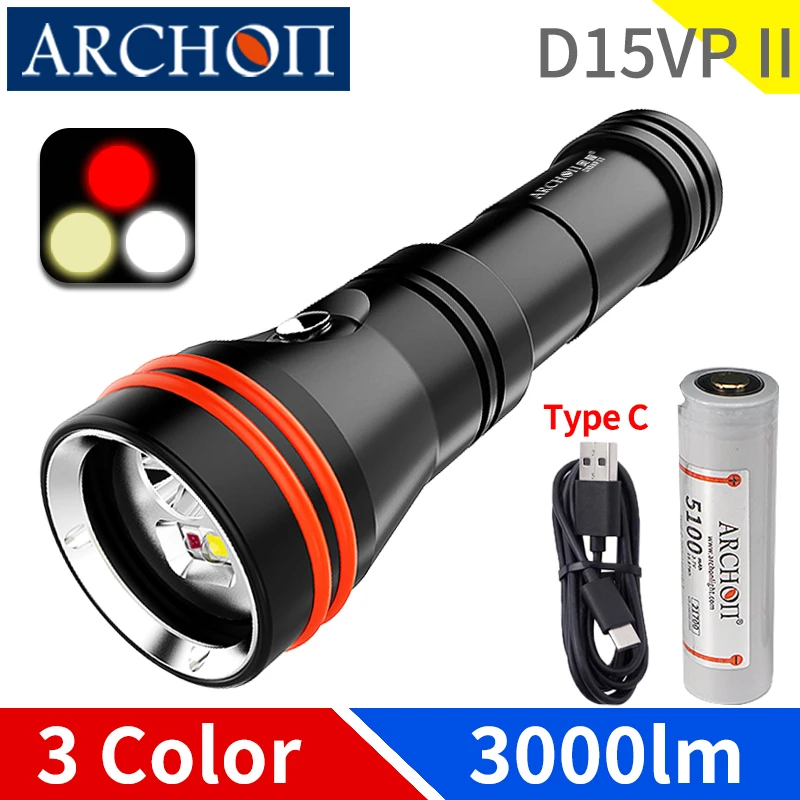 ARCHON D15VP II Diving Phtotgraphy Light 6500k Dive Flashlight Rechargeable Torch HD Video Fill Underwater 100m by  26650 Batter