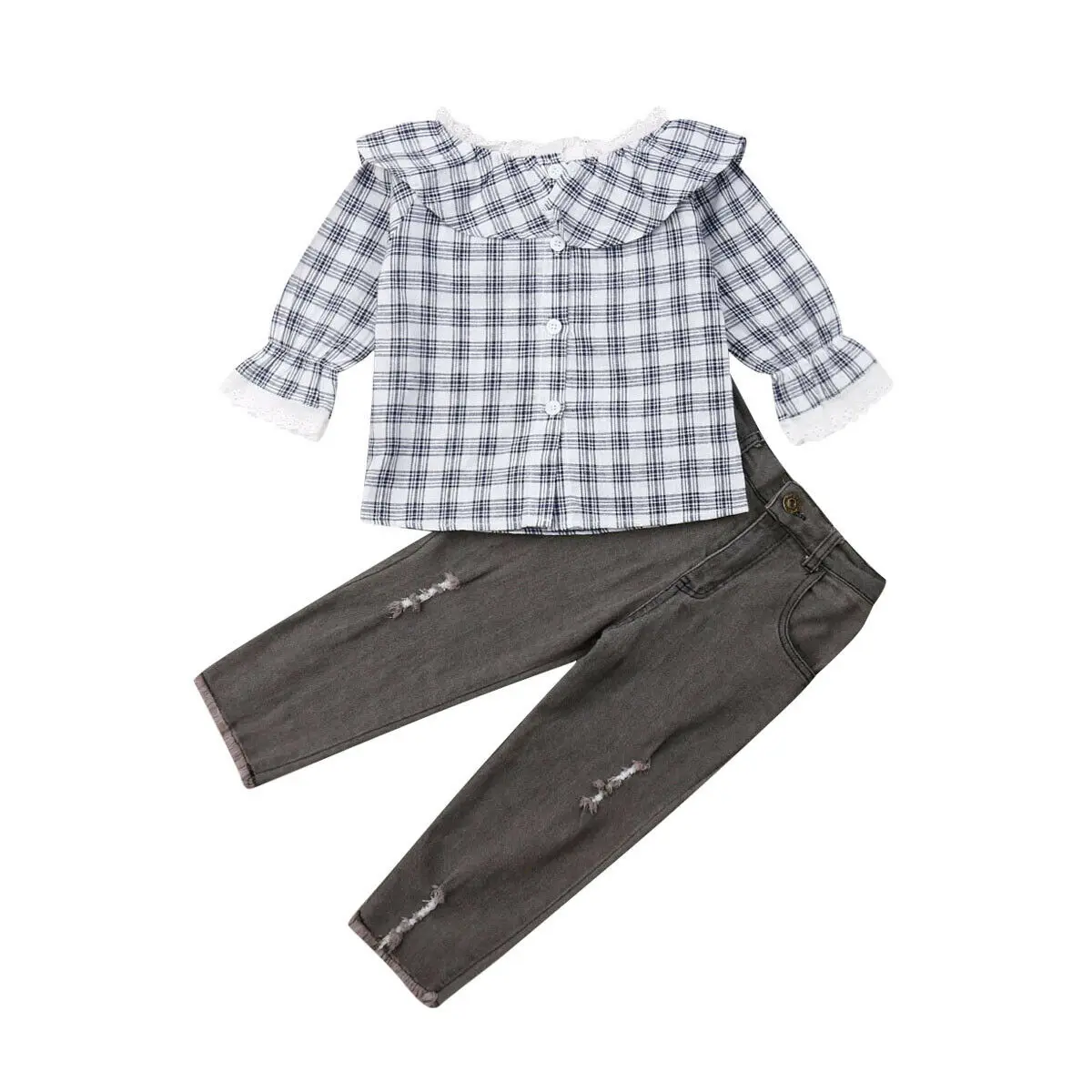 Черный Girls Clothes 2 3 4 5 6 7 Years Sweet Lace Ruffle Long Sleeve Plaids Shirt Tops Jeans Pants Outfits 2pcs set Kids Baby Clothing - Цвет: Черный