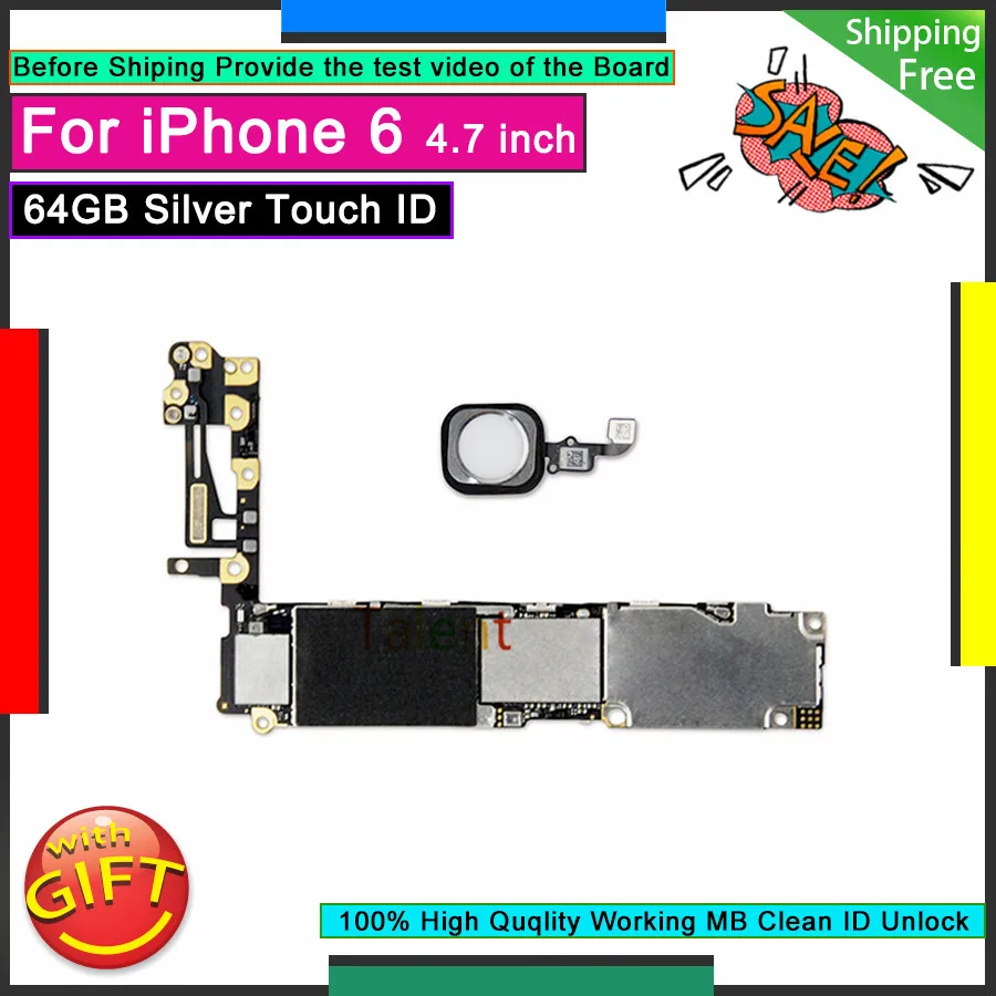 

For IPhone 6 Motherboard 64GB Silver Touch ID Home Button Unlocked Original Mainboard Good Working Logic Board Tested Functions