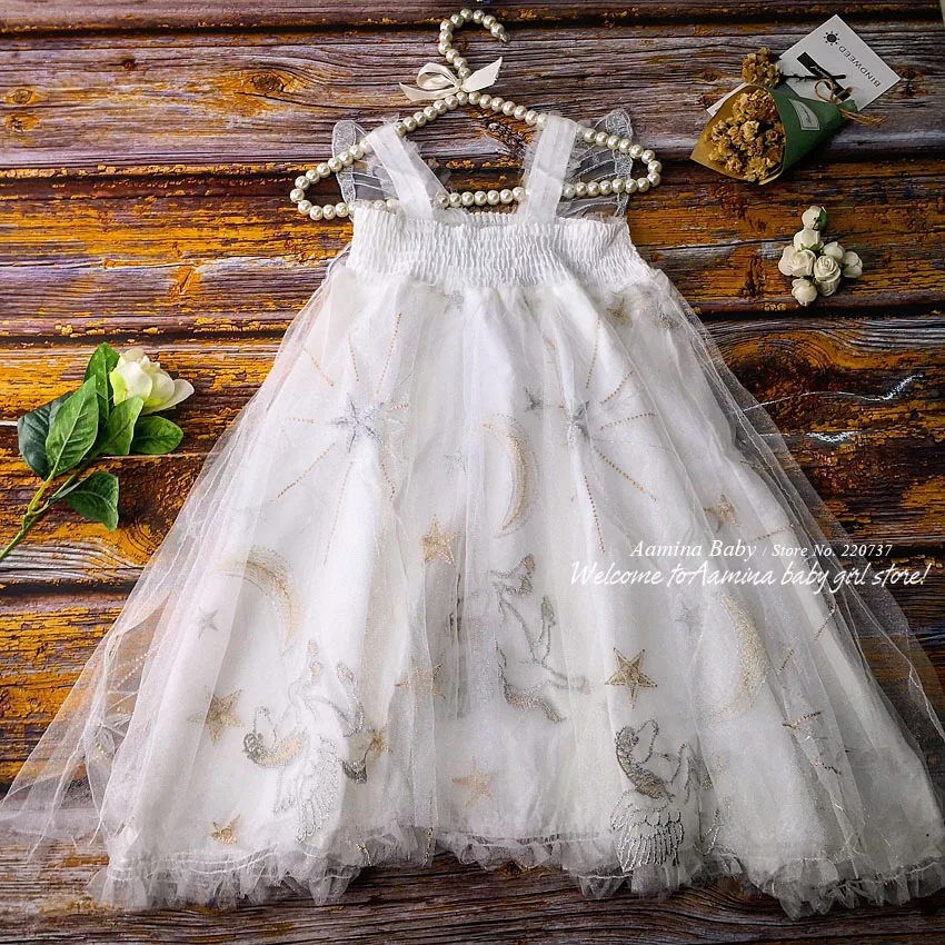 Retail 5445 Unicorn Butterfly Embroidery Wings Princess Baby Girl Dress Summer Wedding Party Kids For Girls baby clothes | Детская