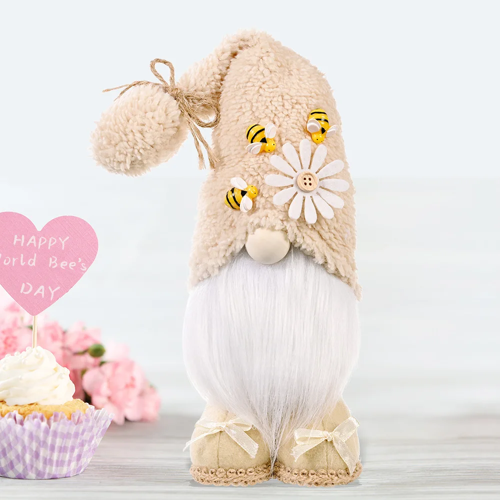 

New Bee Day Cute Gnome With Bees and Daisy Plush Doll Spring Gnomes Holiday Home Decoration Gnome Handmade 37cm