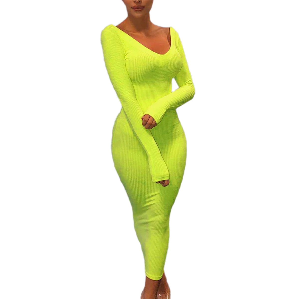 Женское длинное платье с глубоким v образным вырезом однотонное облегающее