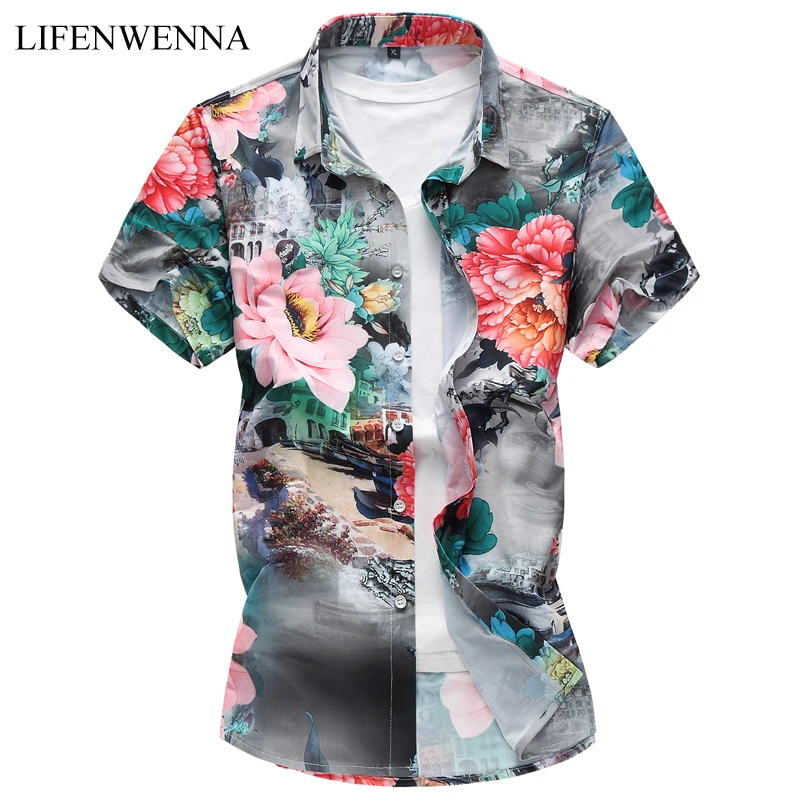 Мужская приталенная рубашка с коротким рукавом модная Повседневная цветочным