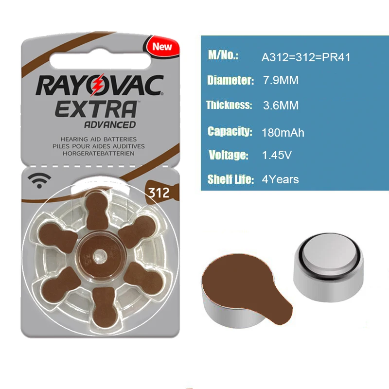 Батареи слухового аппарата 6 шт./1 карта RAYOVAC EXTRA-A312/312/PR41 цинк воздушный аккумулятор 1,45 в размер 312 диаметр 7,9 мм толщина 3,6 мм