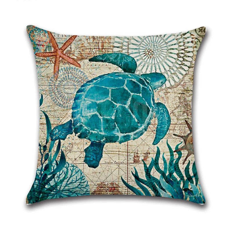 

45*45cm Marine Life Theme Seahorse Print Cushion Cover Linen Waist Throw Pillow For Home Sofa Office Car Decoration P7Ding
