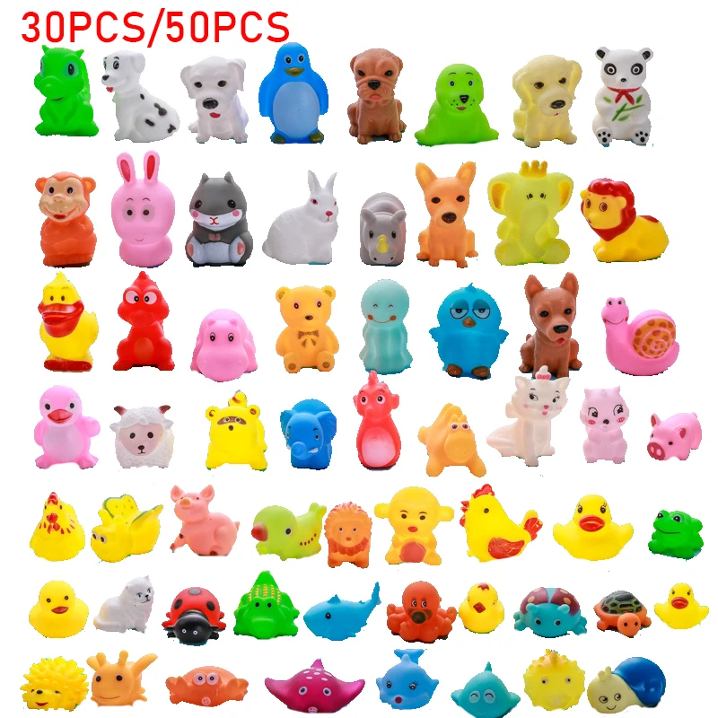 Juguetes de ba&ntilde;o de animales para ni&ntilde;os, juguetes Antiestr&eacute;s con sonido chirriante, de goma, pato, Rana, alivio del estr&eacute;s, 30/50 piezas-0