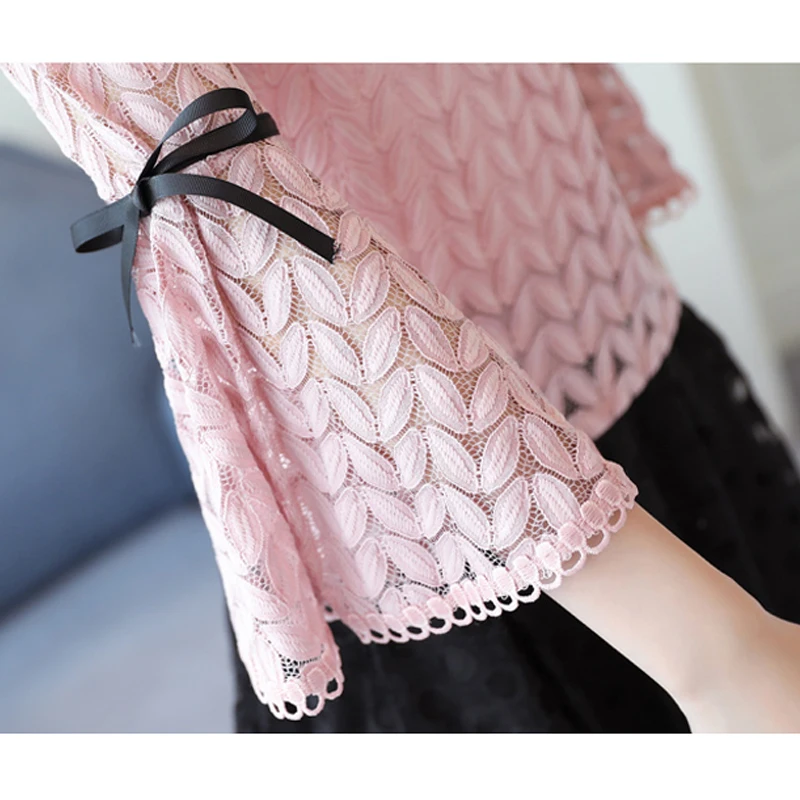 

Lace blusas mujer de moda Fashion 2020 New Lace Women Blouse Three Quarter Sleeve O-neck Hollow Out Bow Shirt Women Tops 21F