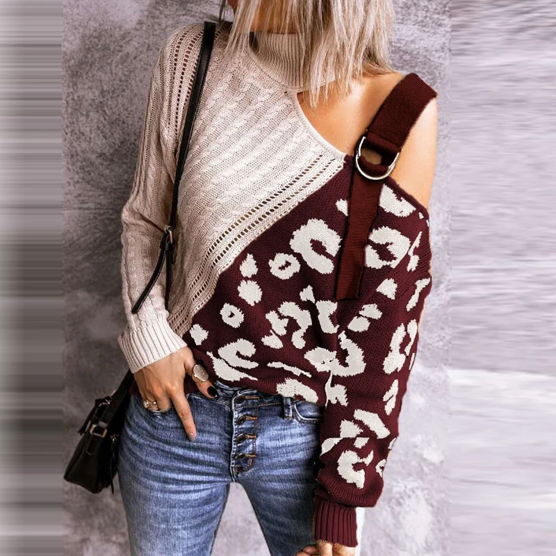 

Women Sweaters Turtleneck Sexy Off Shoulder Knitted Sweaters Winter Elegant Leopard Printed Patchwork Pullover Hollow Out Tops