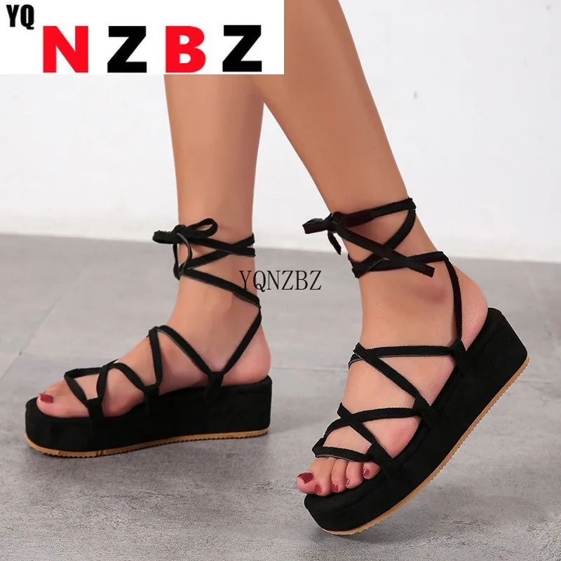 

Summer Women Fashion Sandals Platform Wedge Heel Ankle Strap Lace Up Cross-tied Narrow Band Rome Sexy Ladies Shoes Female 2021