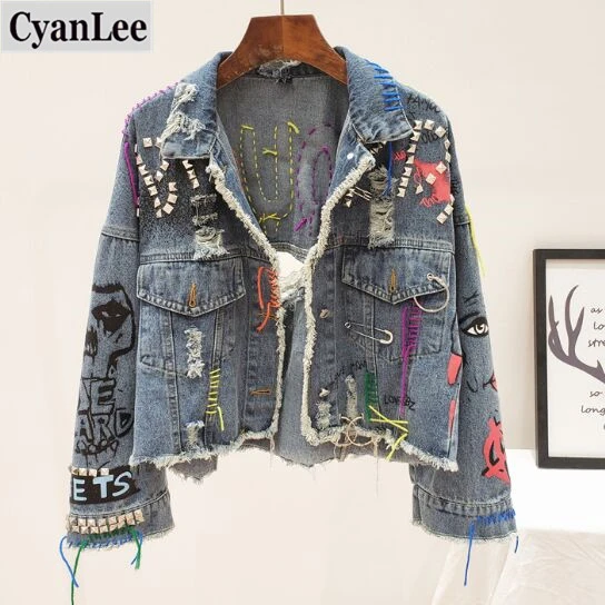 Куртка женская джинсовая в стиле граффити демисезонная|Женские куртки| |