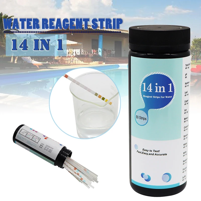 

50pcs/bottle Pool Spa Water PH/Chlorine/Alkalinity/Bromine 14-in-1 Test Strips Portable Water Quality Test Paper