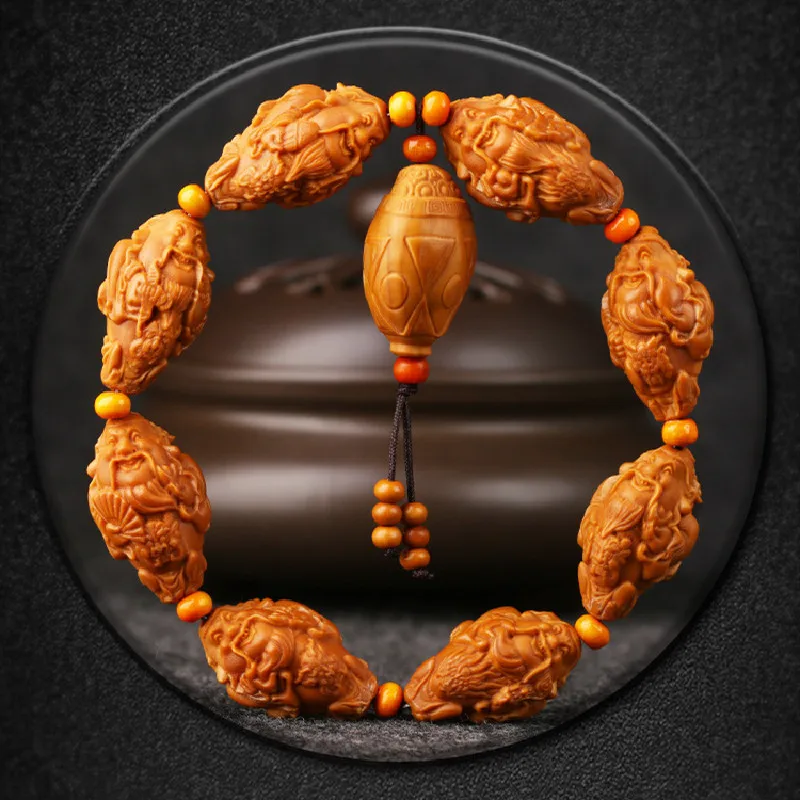 

Natural Old Material Olive Pit Carved Eight Gods Of Wealth Bracelets Wenwan Olive Hu Bracelets For Men And Women