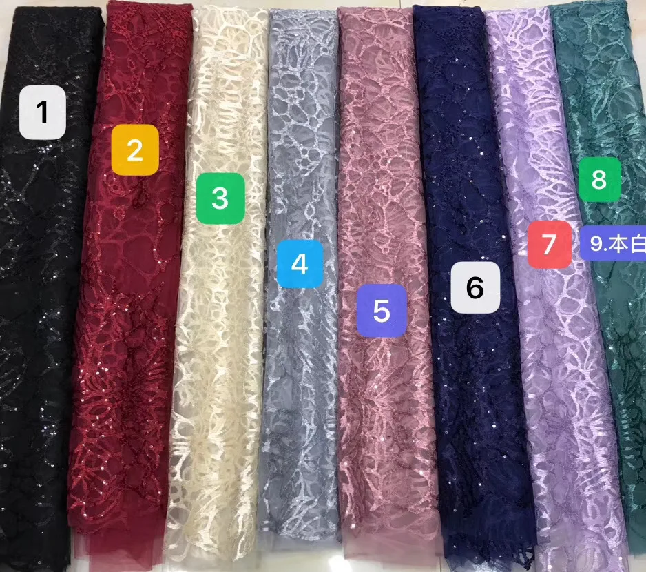 

New arrivals 9nine colors embroidery lace fabric with sequins dresses/patry/ stage performance clothes lace fabric 5yards/lot