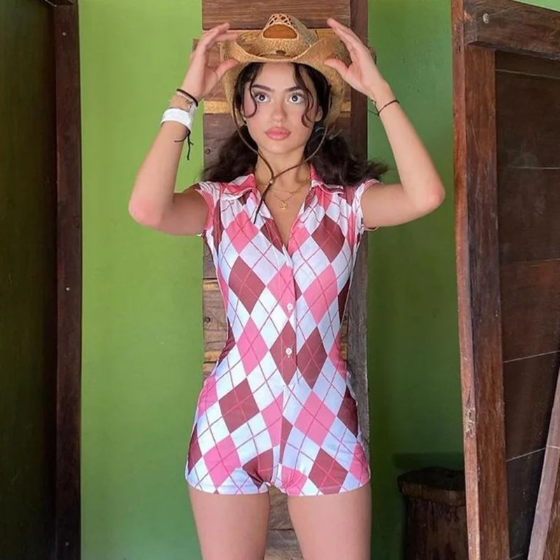 

2021 new ins style summer outfits Plaid print V-neck slim fit short sleeve button casual rompers womens Jumpsuit bodysuit