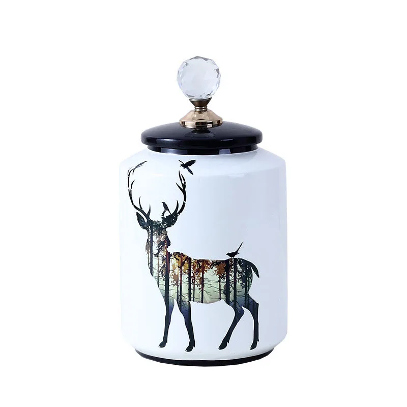 

Painted Deer Ceramic Jars with Lid Candy Jar Crystal Lids Tea Caddy Living Room Decoration Porcelain Storage Tank Home Decor