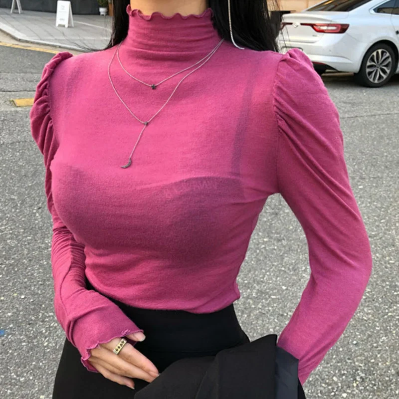 

TVVOVVIN Korea new 2021 spring clothes sexy slim top Ruffle lace Turtleneck elegant T-shirt tees tops hot sexy Sweet girl 1JIY