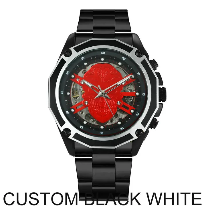 CUSTOM BLACK WHITE WINNER официальные деловые мужские часы Топ бренд класса люкс автоматические механические мужские часы с изображением скелета циферблат 3D череп наручные часы хип-хоп - Цвет: CUSTOM BLACK WHITE