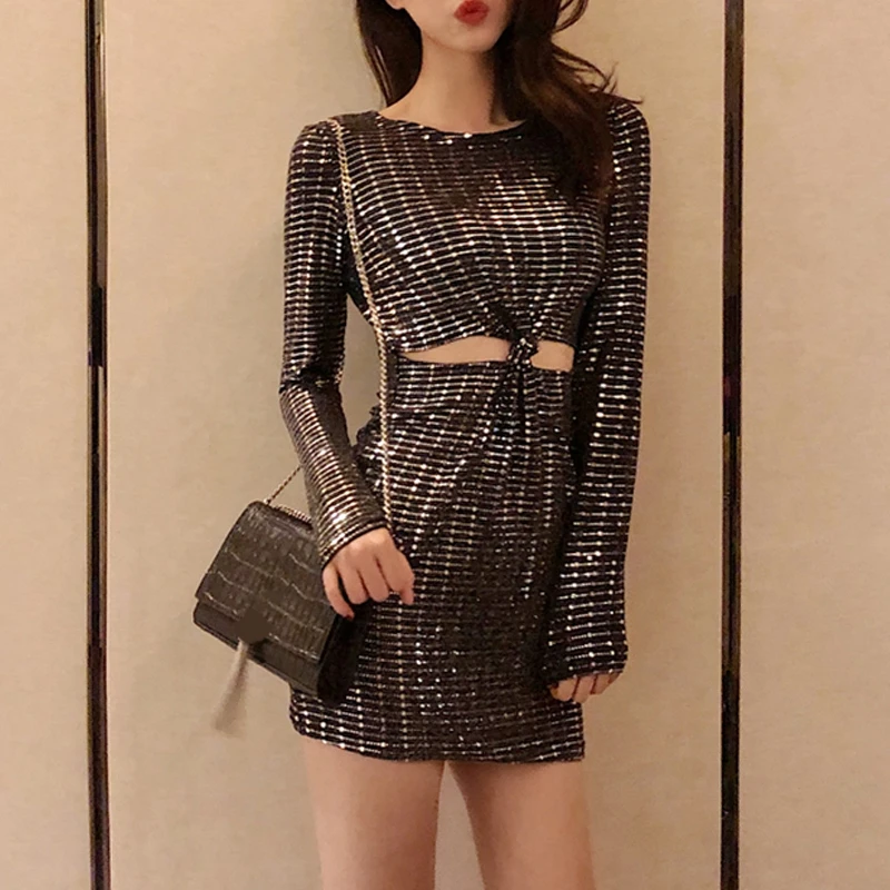 RealShe сексуальное мини платье с o образным вырезом и длинным рукавом облегающее