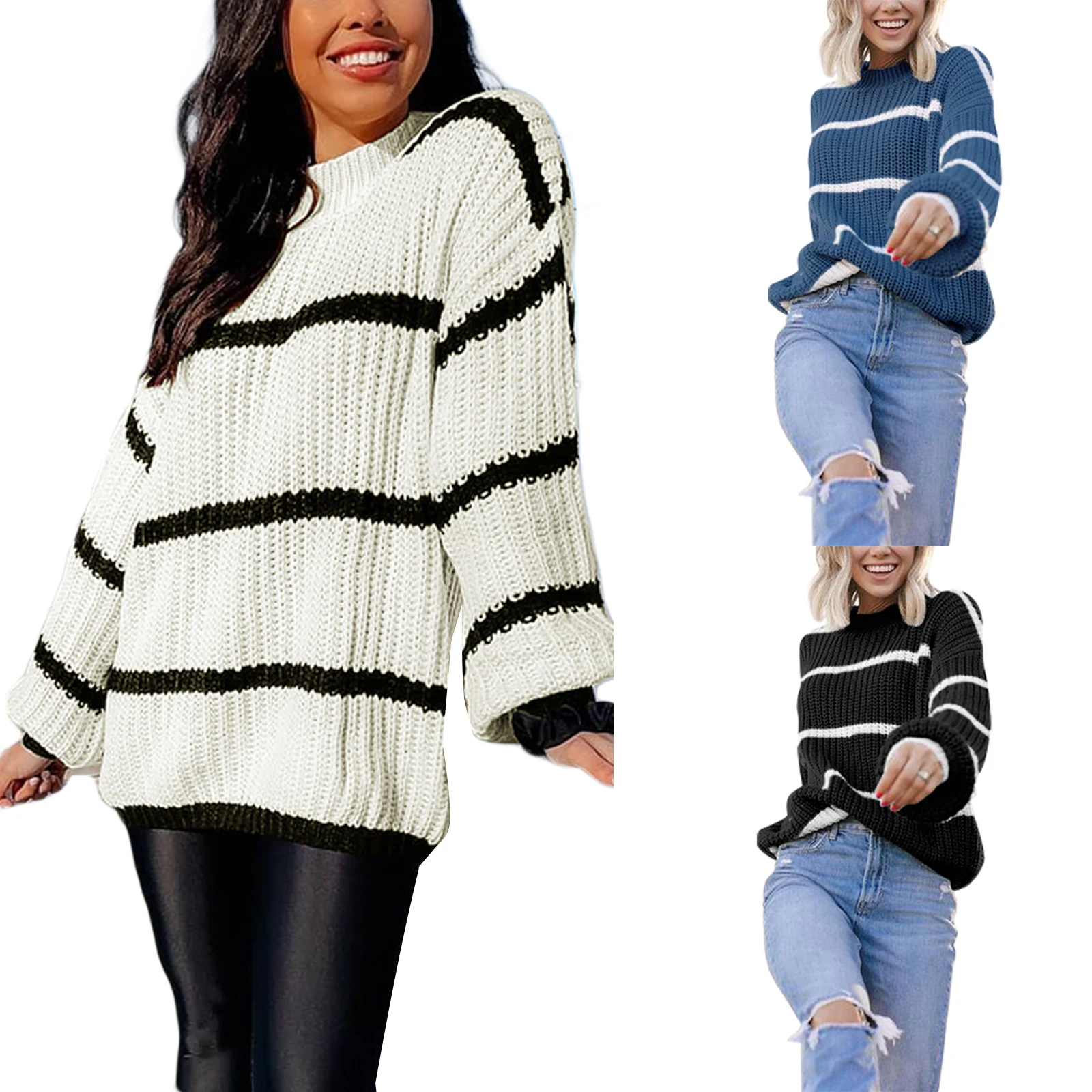 

Women Round Neck Sweaters, Casual Long Sleeve Striped Print Loose Cable Knit Tops