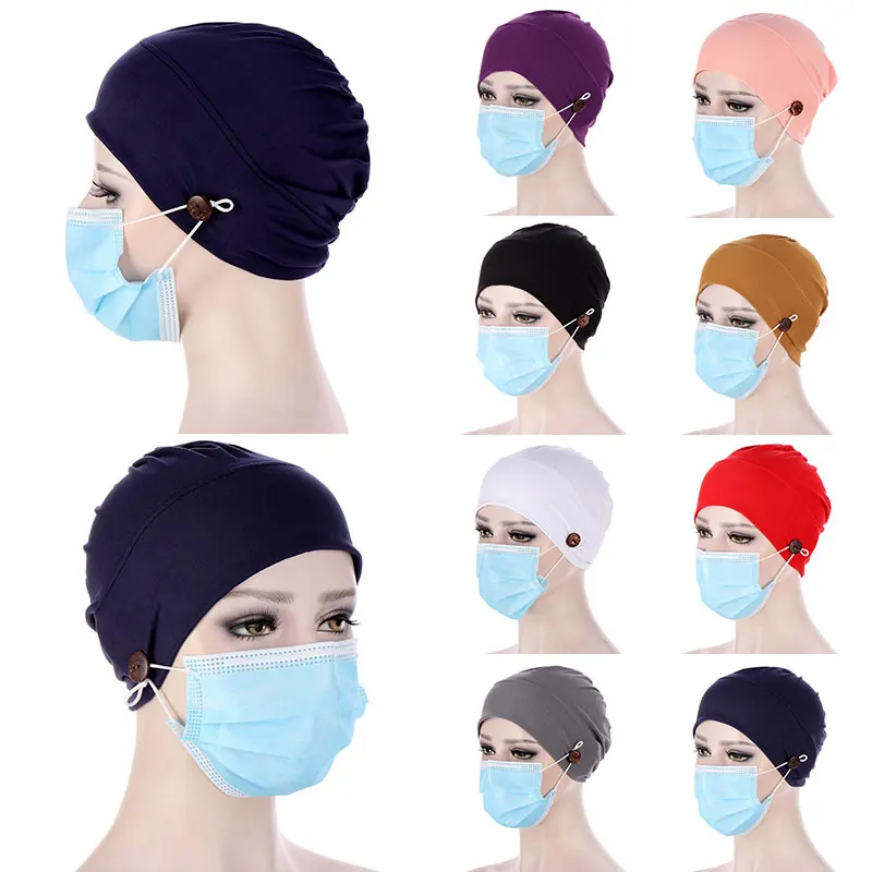 

Solid Color Women Turban With Button Head Wrap Hat Headscarf Bonnet Inner Hijabs Cap Muslim Hijab Chemo Hats Turbantes Caps Hot
