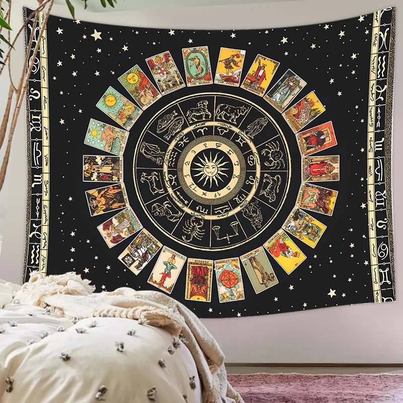 

Home Decor Mandala Tarot Card Tapestry Wheel of the Zodiac Astrology Chart & the Major Arcana Tarot Sun and Moon Wall Hanging