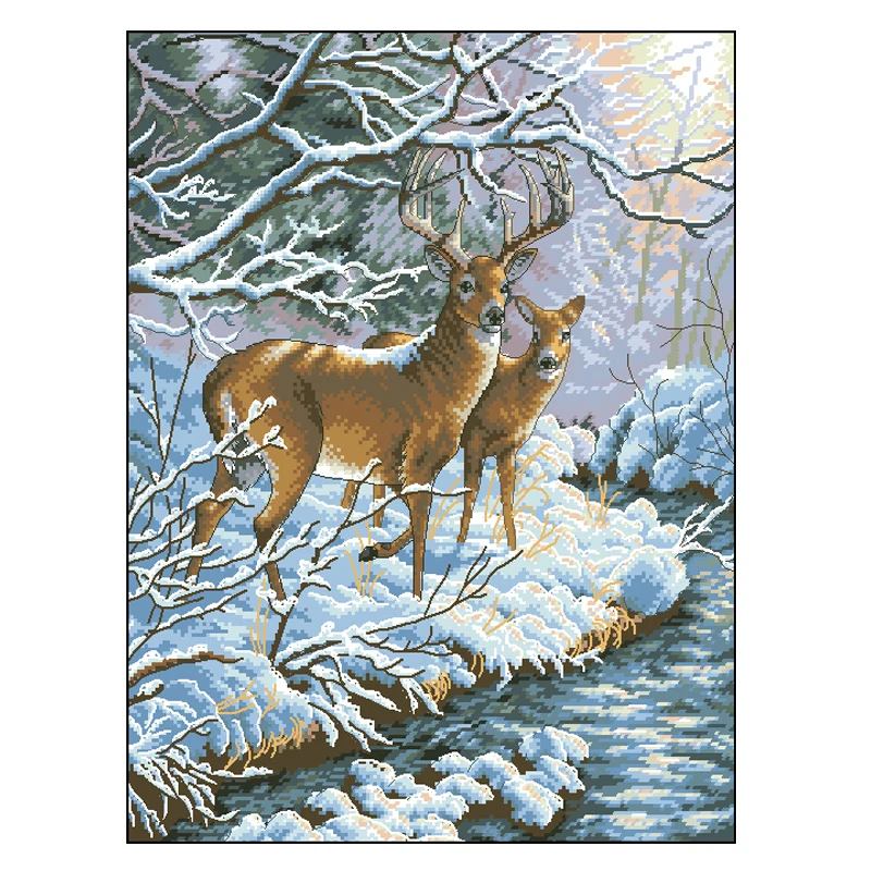 Золотая коллекция Набор для вышивки крестом Creekside Deer by Creek River Stream Winter Morning Snow dim
