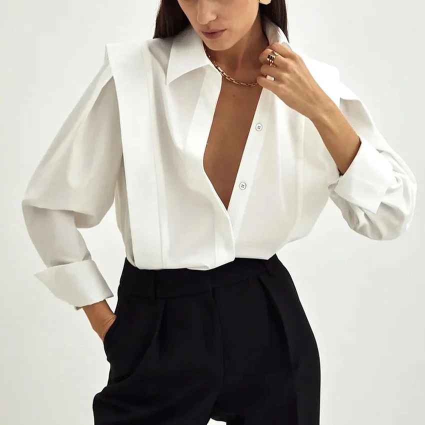 

Bornladies Cotton Shoulder Pads Elegant Blouses Lapel White Long Sleeve Single Breasted Women Shirt Spring 2022 Wild Top Lady