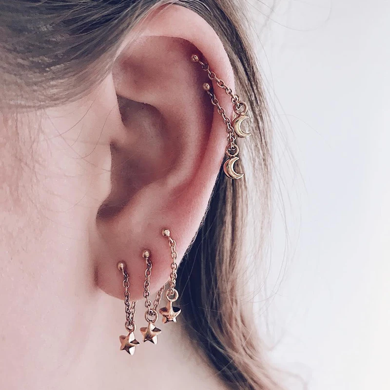 

5 Pcs/Set Hoop Earrings Star And Moon For Women Europe Style Fashion Small Decoration Golden Color Chain Jewelry RG0335