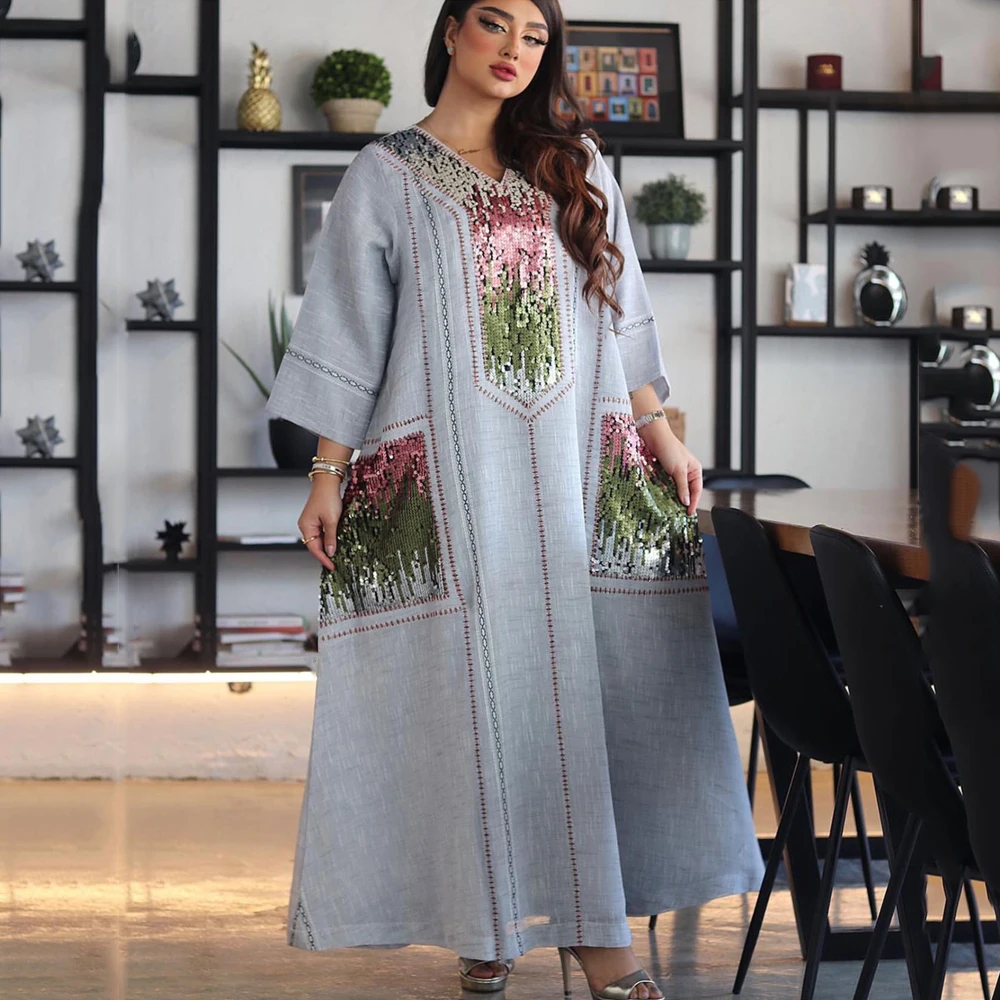 

MD Muslim Fashion Caftan Marocain Dubai Abayas For Women Eid Mubarak Ramadan Islamic Clothing Sequins Shiny Plus Size Dresses
