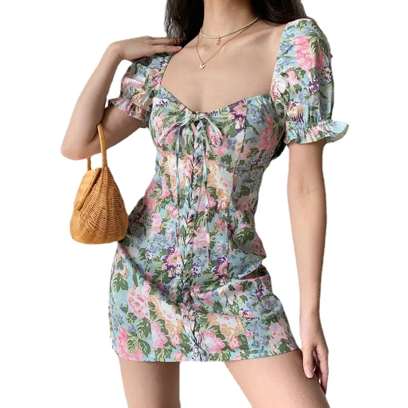 

Women's Floral Print Drawstring Square Neck Sexy Short-sleeved Dresses Female Puff Sleeve Skirt Woman Summer Thin A-line Dress